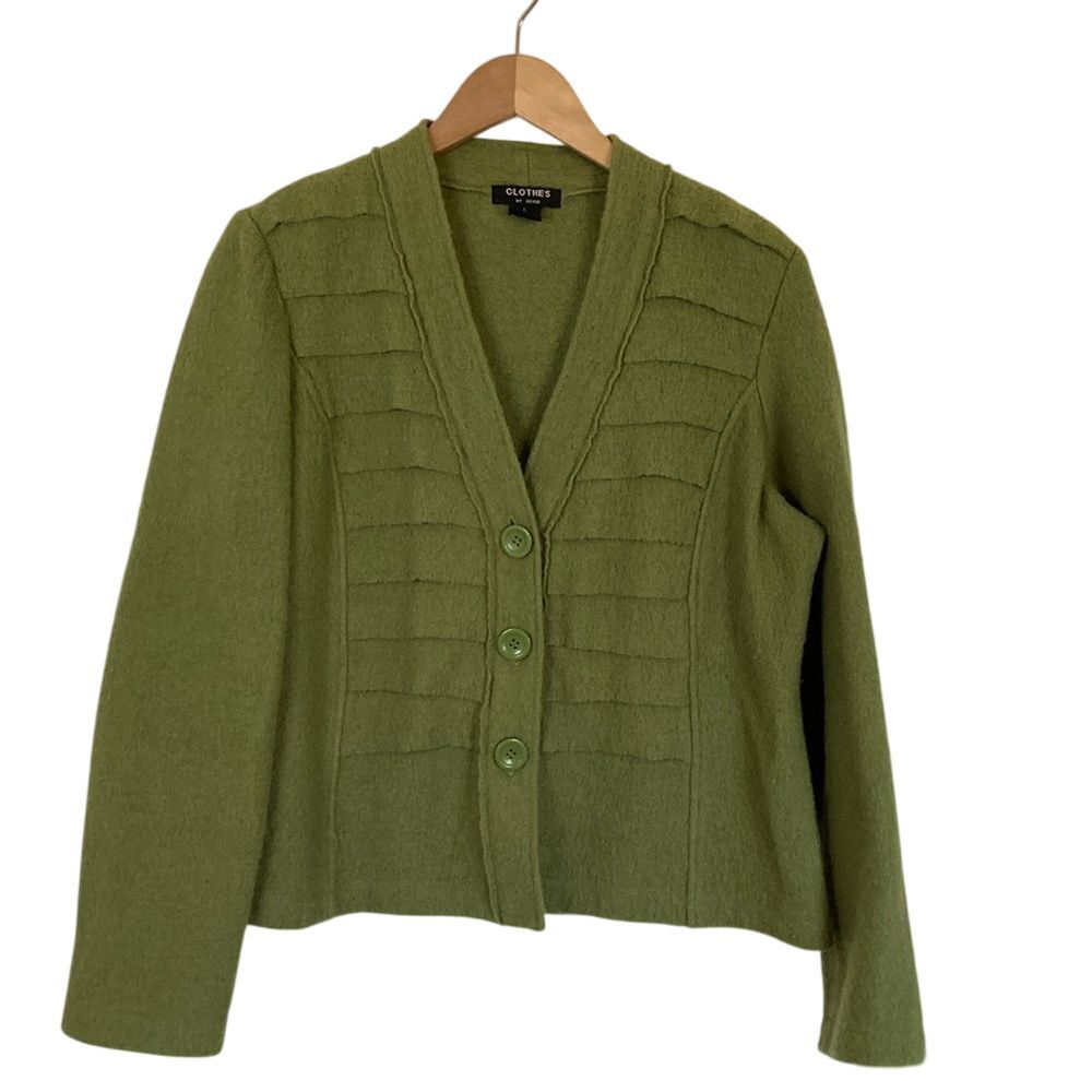 Clothes by‎ Revue Womens Knitted Wool Button Front Cardigan Jacket Size L Green